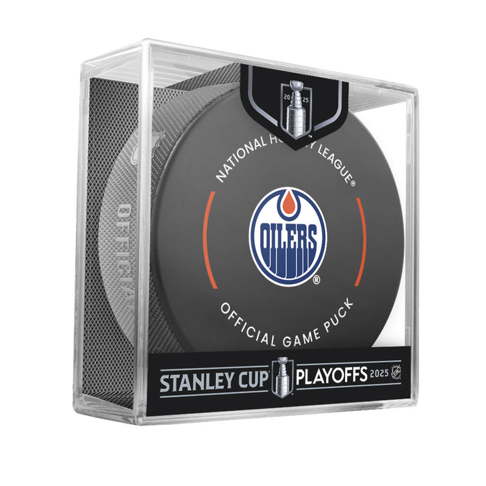 NHL Edmonton Oilers 2025 Official Playoffs Game Hockey Puck Design In Cube