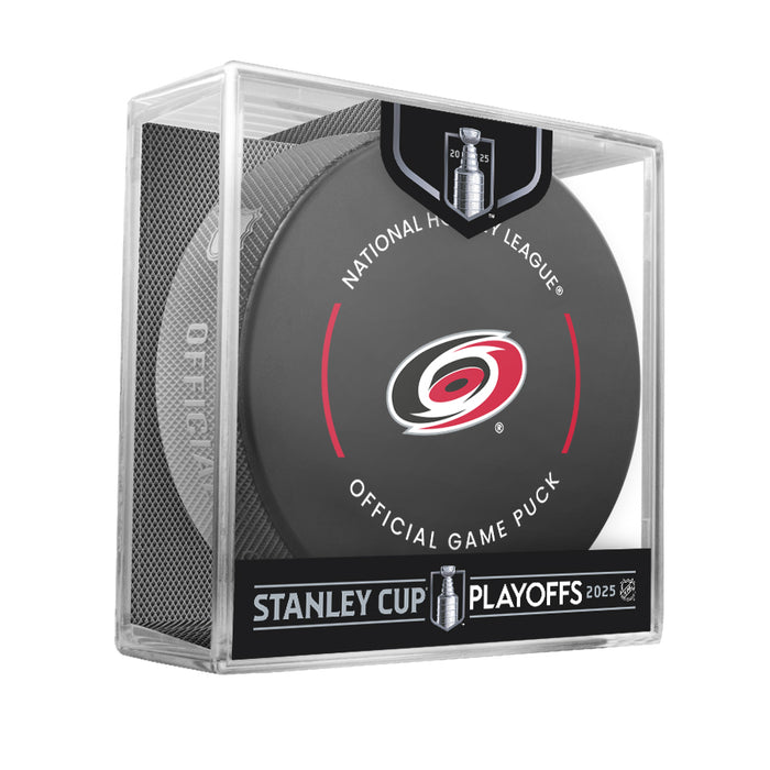 NHL Carolina Hurricanes 2025 Official Playoffs Game Hockey Puck Design In Cube