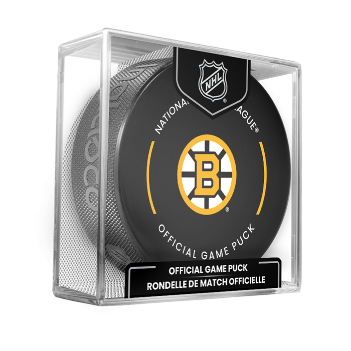 NHL Boston Bruins Officially Licensed 2025-2026 Game Puck Design In Cube