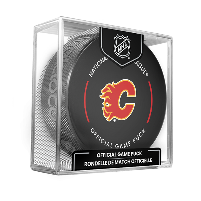 NHL Calgary Flames Officially Licensed 2025-2026 Game Puck Design In Cube