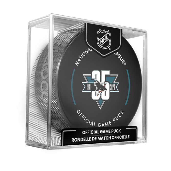 NHL San Jose Sharks 35th Anniversary Officially Licensed 2025-2026 Game Puck Design In Cube
