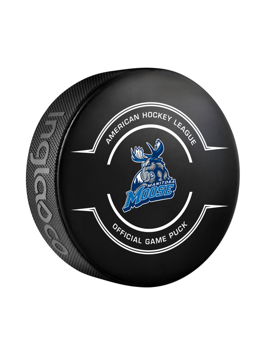 Rondelle de hockey officielle des Moose du Manitoba de la AHL 2024-25 dans un cube