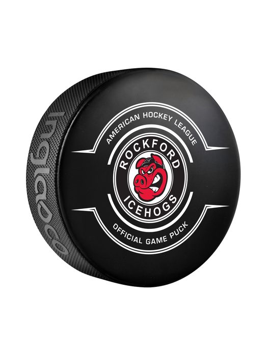 Rondelle de hockey officielle des Icehogs de Rockford de la AHL 2024-25 dans un cube