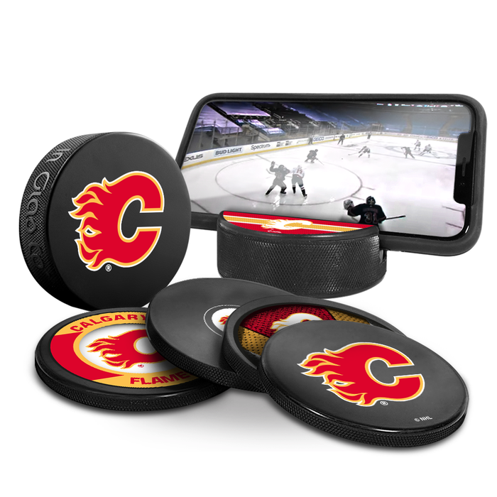 NHL Calgary Flames Ultimate Fan 3-Pack. Includes: 1 NHL Official Classic Souvenir Hockey Puck / 4 Coasters / 1 Media Device Holder