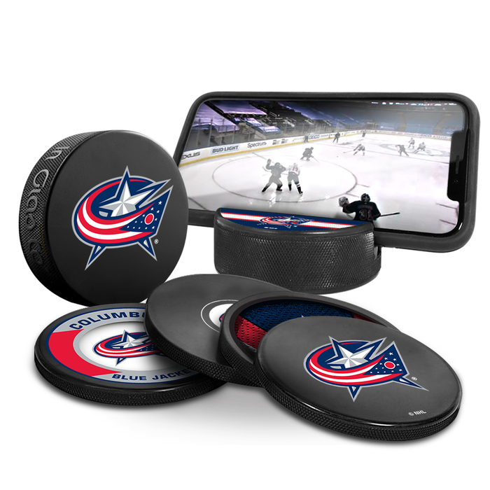 NHL Columbus Blue Jackets Ultimate Fan 3-Pack. Includes: 1 NHL Official Classic Souvenir Hockey Puck / 4 Coasters / 1 Media Device Holder