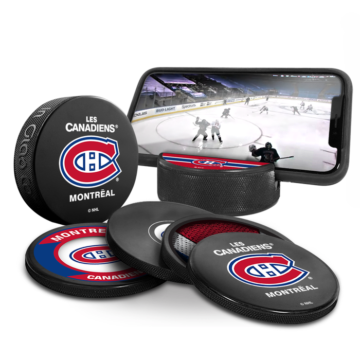 NHL Montreal Canadiens Ultimate Fan 3-Pack. Includes: 1 NHL Official Classic Souvenir Hockey Puck / 4 Coasters / 1 Media Device Holder