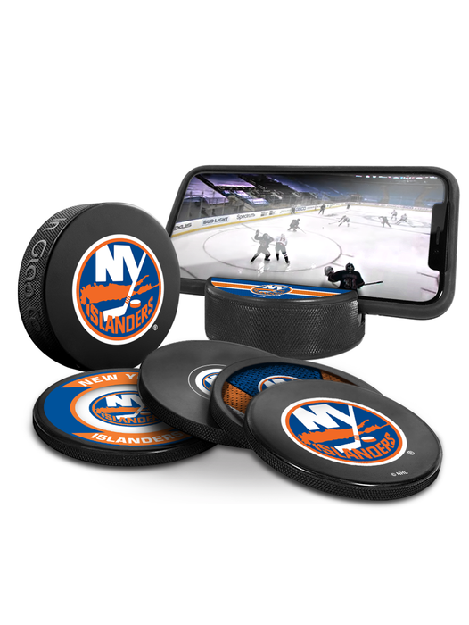 NHL New York Islanders Ultimate Fan 3-Pack. Includes: 1 NHL Official Classic Souvenir Hockey Puck / 4 Coasters / 1 Media Device Holder