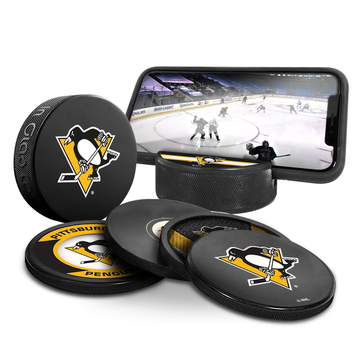 NHL Pittsburgh Penguins Ultimate Fan 3-Pack. Includes: 1 NHL Official Classic Souvenir Hockey Puck / 4 Coasters / 1 Media Device Holder