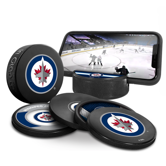 NHL Winnipeg Jets Ultimate Fan 3-Pack. Includes: 1 NHL Official Classic Souvenir Hockey Puck / 4 Coasters / 1 Media Device Holder