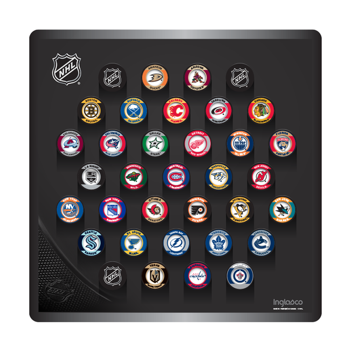 NHL Mini Hockey Puck Wall Plaque. All NHL 32 Team Retro Souvenir Collector Mini Pucks + 3 NHL Shield Mini Pucks