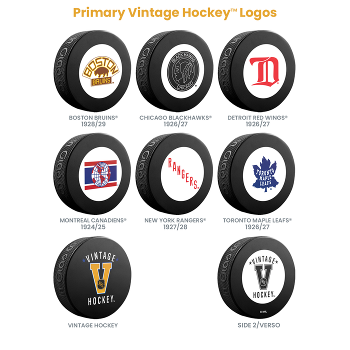 Plaque murale de présentation de palets de hockey. Affichez fièrement votre collection de palets. Comprend un écusson d'époque de la LNH et les six rondelles de hockey originales de la LNH de type souvenir d'époque.