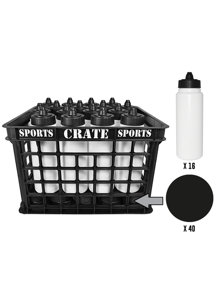 Coach Crate With Membrane Top Bottles Includes 1 Black Sports Crate With 40 Black Slovakian 6oz Hockey Pucks And 16 White 1L Tallboy Bottles