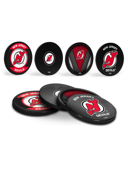 NHL New Jersey Devils Hockey Puck Drink Coasters (4-Pack) In Cube