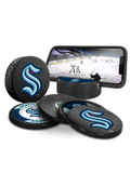 NHL Seattle Kraken Ultimate Fan 3-Pack. Includes: 1 NHL Official Classic Souvenir Hockey Puck / 4 Coasters / 1 Media Device Holder
