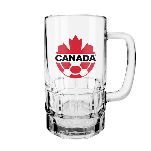 Canada Soccer 18 oz clear glass beer stein with handle and Canada national team crest decal
