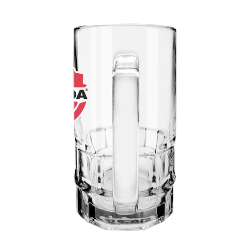 Canada Soccer 18 oz beer stein side view showing handle and faceted faceted base