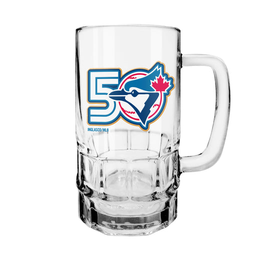MLB Toronto Blue Jays 50th Season 18 oz clear glass beer stein with handle and color 50 anniversary logo