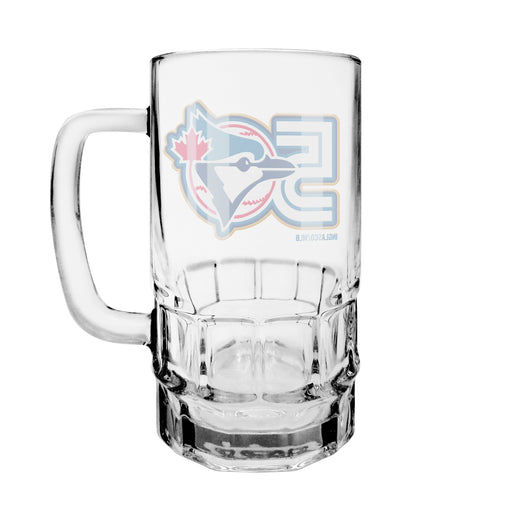 MLB Toronto Blue Jays 18 oz beer stein back view showing handle and 50 logo on faceted clear glass