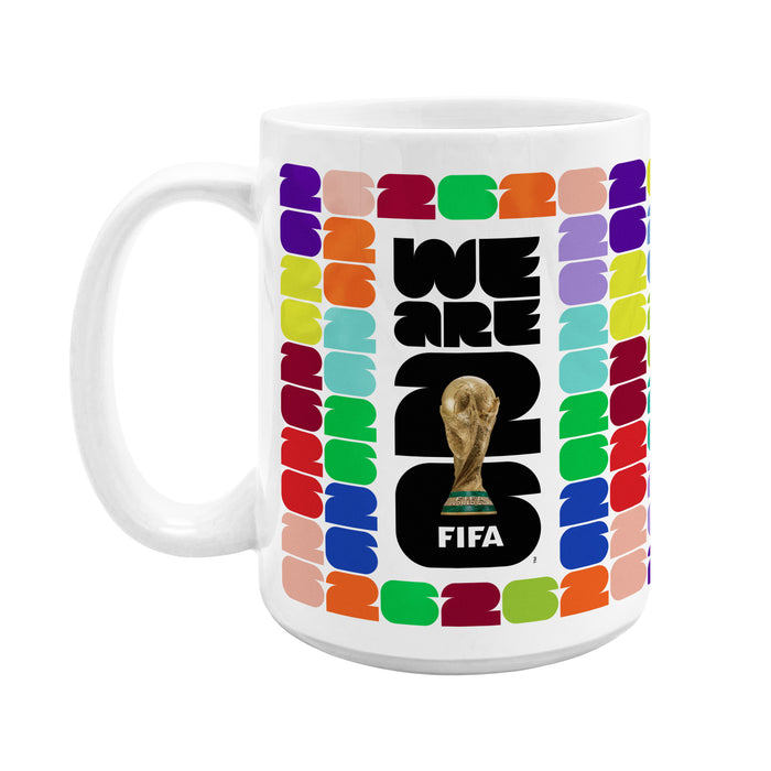FIFA World Cup 26 white ceramic 15 oz mug featuring We Are 26 logo with rainbow tournament numerals