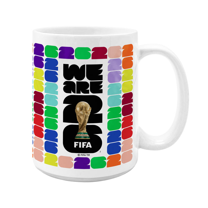 FIFA World Cup 26 white ceramic mug, opposite side view of We Are 26 graphic with handle right