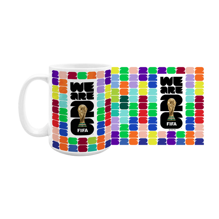 FIFA World Cup 26 white ceramic mug shown with full wrap-around print of trophy logo and colorful 26s