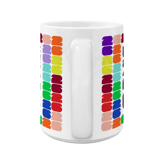 FIFA World Cup 26 white ceramic mug centered handle view, multicolor 26 numerals wrapping body