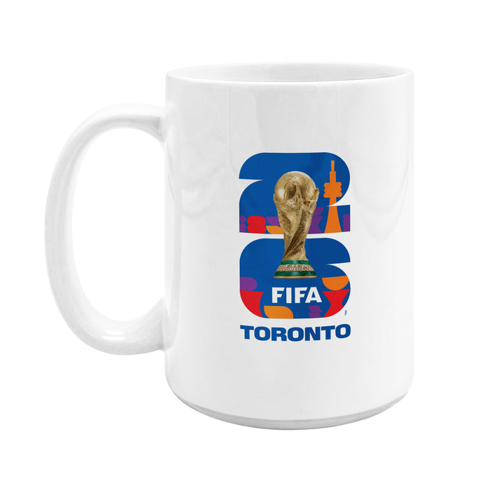 FIFA World Cup 26 Toronto white ceramic 15 oz mug, blue trophy logo with CN Tower silhouette accent