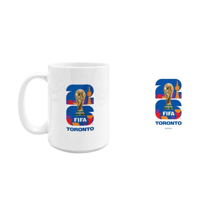 FIFA World Cup 26 Toronto white ceramic mug shown with enlarged blue trophy and CN Tower logo print