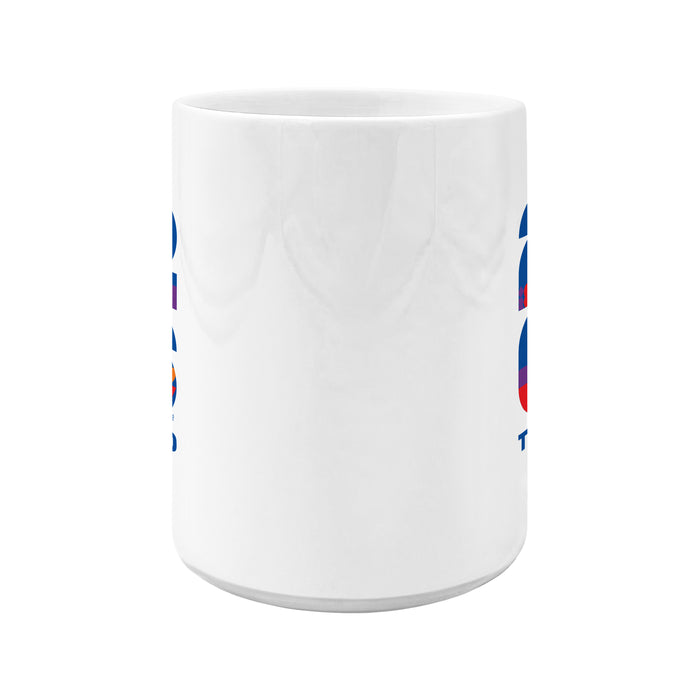 FIFA World Cup 26 Toronto white ceramic mug rear view, blue and orange logo wrapping body