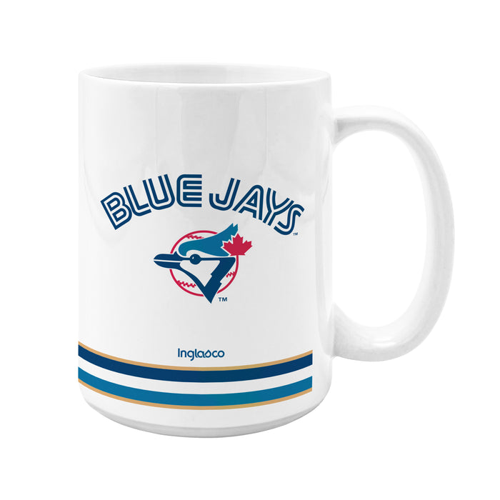 MLB Toronto Blue Jays 50th Season mug back view with arched Blue Jays wordmark and retro bird crest