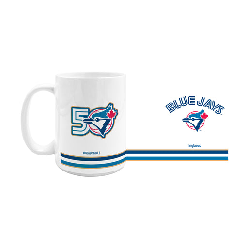 MLB Toronto Blue Jays 50th Season mug front and back layout with arched wordmark and bird logo