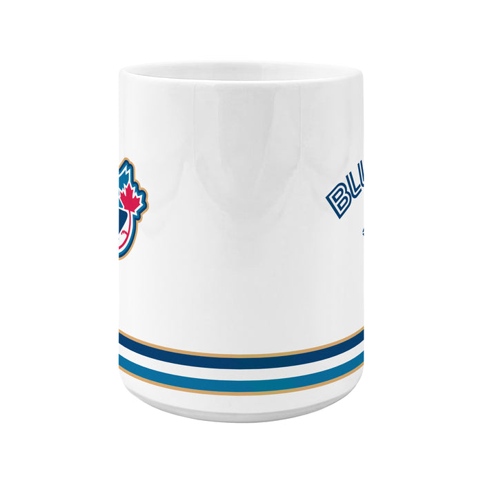 MLB Toronto Blue Jays 50th Season mug side view with retro bird crest and gold and blue stripe band