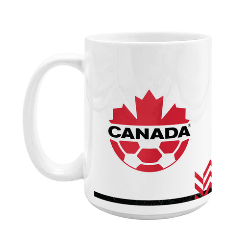 Canada Soccer Our Game Now 15 oz white ceramic mug front view with red maple leaf soccer crest