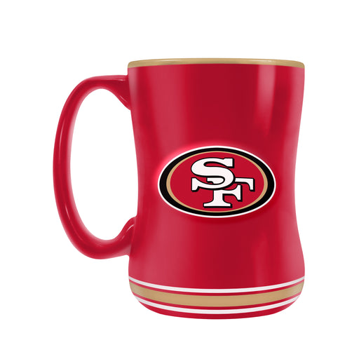 NFL San Francisco 49ers red sculpted ceramic mug with embossed black and gold SF oval team logo and gold rim