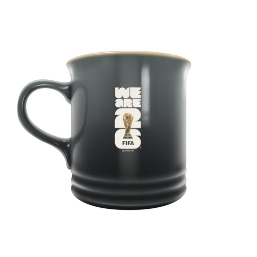 FIFA We Are 26 black stoneware mug with World Cup trophy and FIFA 2026 vertical logo