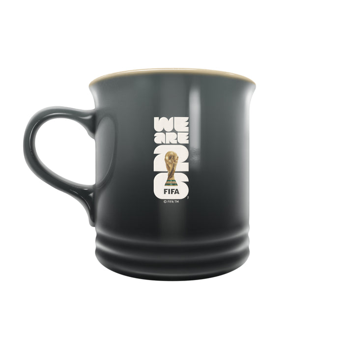 FIFA We Are 26 black stoneware mug with World Cup trophy and FIFA 2026 vertical logo