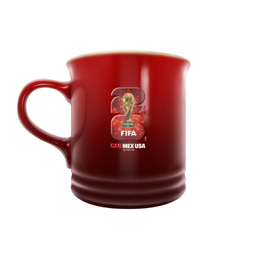 FIFA red stoneware mug with FIFA 26 World Cup trophy logo and CAN MEX USA host nations text