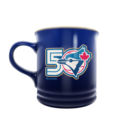 MLB Toronto Blue Jays 50th Season 14 oz navy blue stoneware mug with anniversary crest and ribbed base