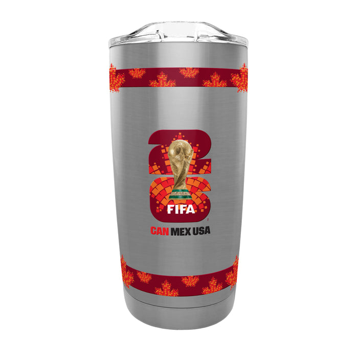 FIFA Canada 20 oz stainless travel tumbler with red mosaic maple leaf bands and FIFA 26 trophy logo