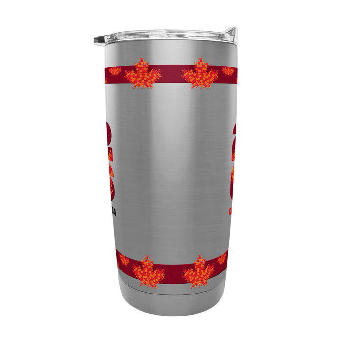 FIFA Canada 20 oz stainless travel tumbler rear view showing red bands and orange mosaic maple leafs