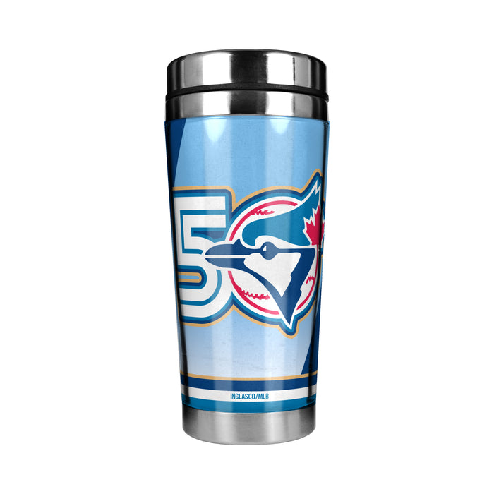 MLB Toronto Blue Jays 50th Season 16 oz stainless steel travel tumbler with light blue insert and 50 logo