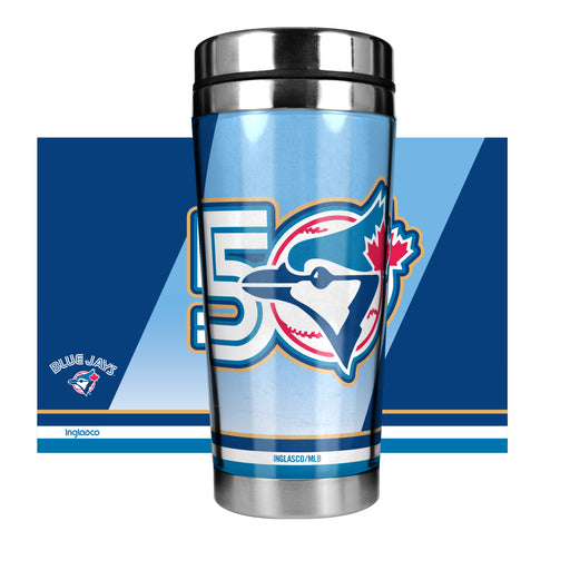 MLB Toronto Blue Jays 50th Season 16 oz tumbler back view with navy and light blue insert and Blue Jays mark