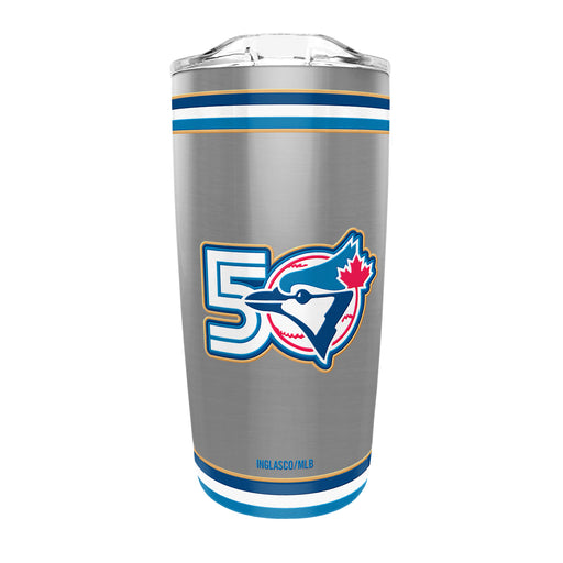 MLB Toronto Blue Jays 50th Season 20 oz stainless steel tumbler with clear lid and 50 anniversary crest