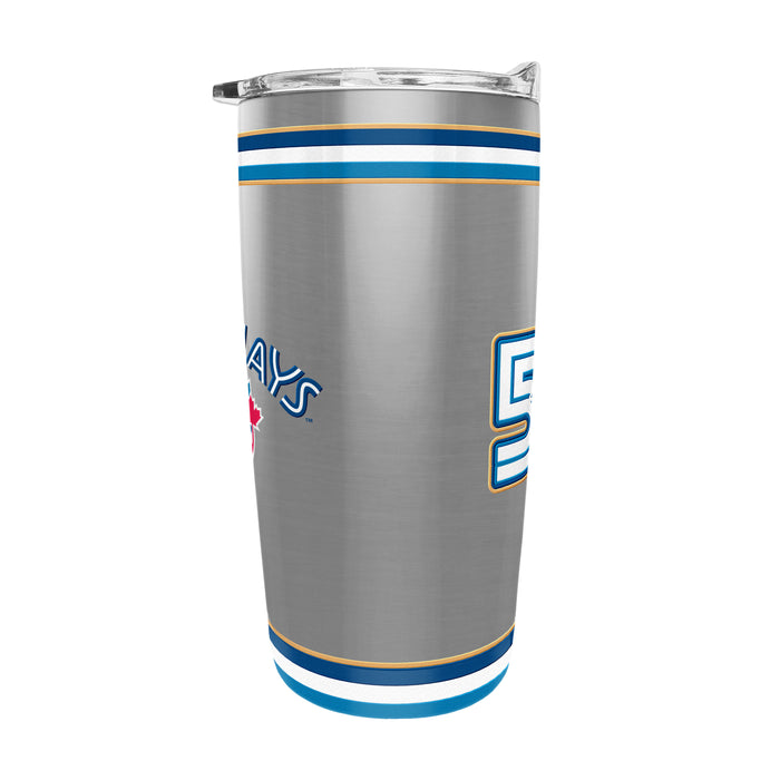MLB Toronto Blue Jays 50th Season 20 oz tumbler reverse side with wordmark detail and stripe band