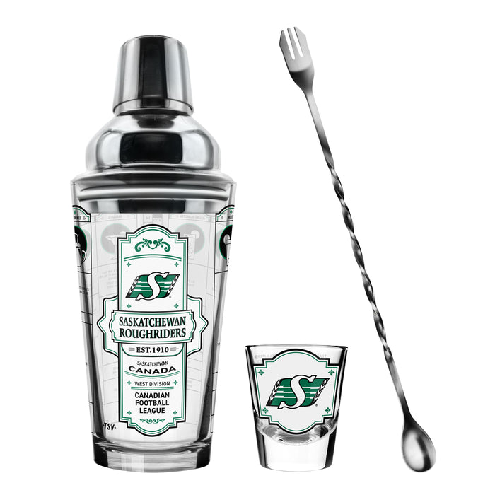 CFL Saskatchewan Roughriders Bartender Mixing Glass & Shot Glass Shaker Set