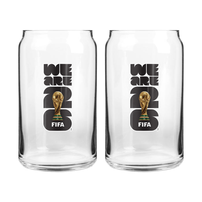 FIFA World Cup 26 We Are 26 set of two clear can-shaped pint glasses with black logo and gold trophy