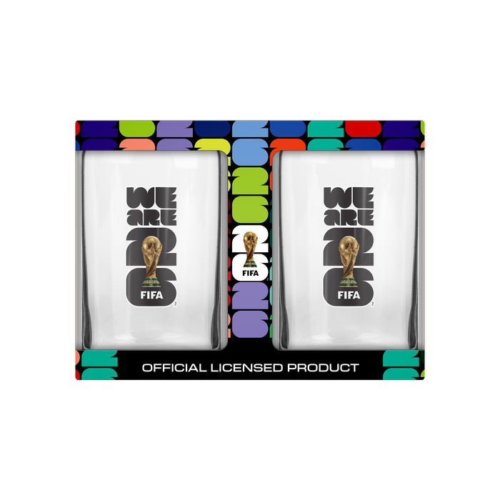 FIFA World Cup 26 We Are 26 can glass set in colorful Official Licensed Product packaging with multicolor host city graphics