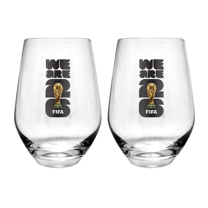 FIFA World Cup 26 We Are 26 set of two clear stemless wine glasses with black logo and gold trophy emblem