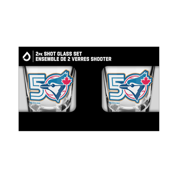 MLB Toronto Blue Jays 50th Season two-pack shot glass set in bilingual black retail packaging