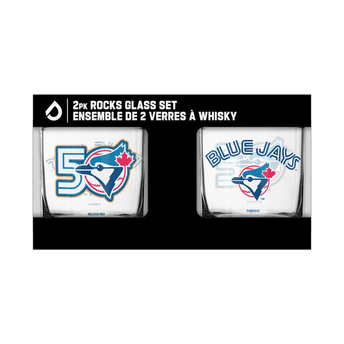 MLB 2 Pk Rocks Glass Set Color Logo Toronto Blue Jays 50Th Season